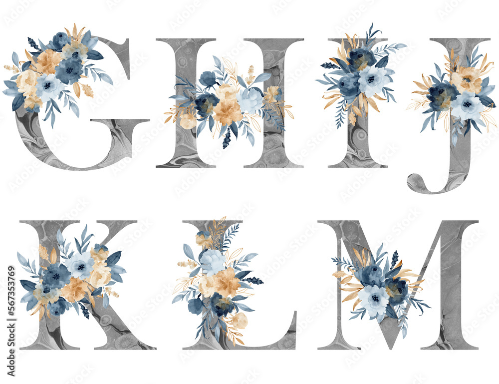 Watercolor floral alphabet with indigo and gold flowers for wedding invitations, greeting card, logo, poster and other. Gray letters.