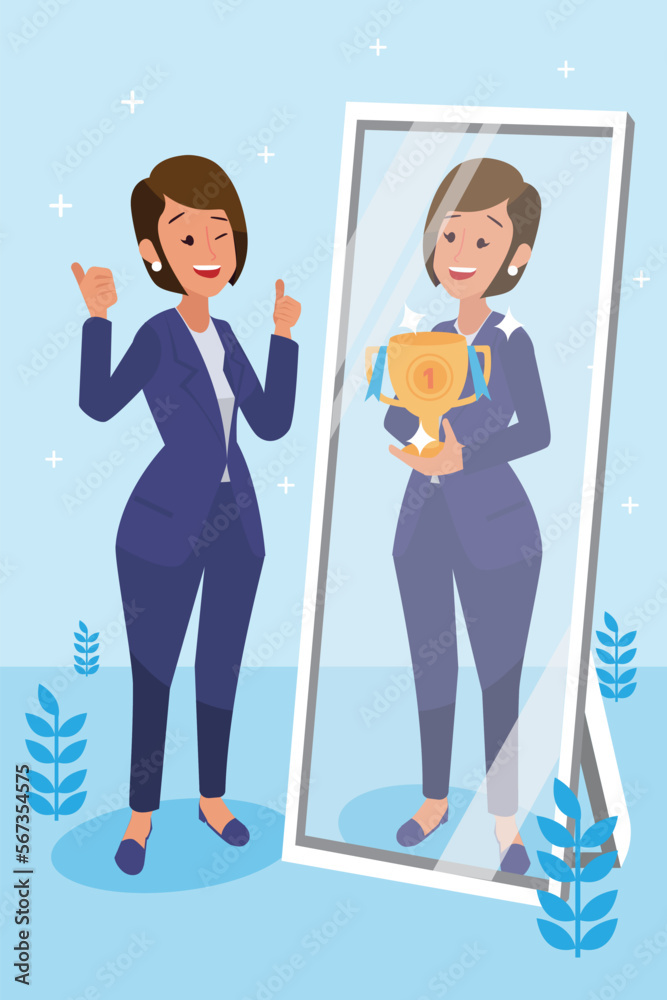 Obraz premium Happy young big isolated corporate woman done her job as vison & mission and celebrating, leadership success and career progress concept, flat vector illustration, handsome business girl.