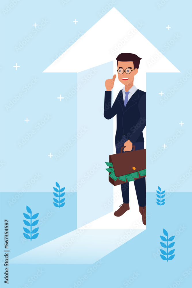 Happy young big isolated corporate man done his job as vison & mission and celebrating, leadership success and career progress concept, flat vector illustration, handsome business man. Happy young big isolated corporate man done his job as vison & mission and celebrating, leadership success and career progress concept, flat vector illustration, handsome business man.