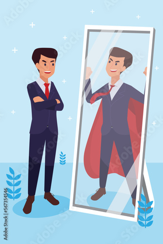 Happy young big isolated corporate man done his job as vison & mission and celebrating, leadership success and career progress concept, flat vector illustration, handsome business man.