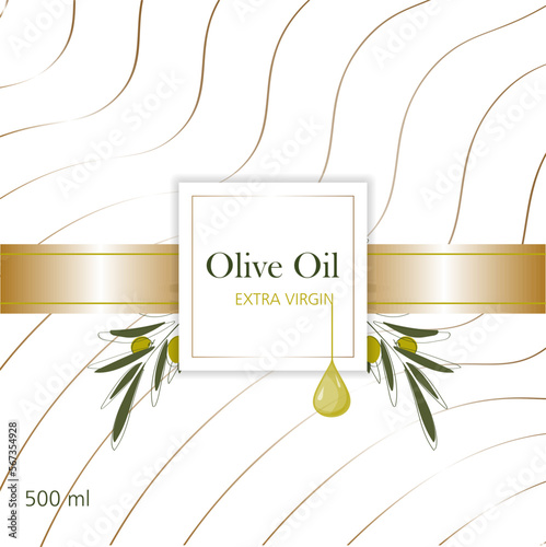 Olive oil label. Minimalistic style. Sketch hand drawn style olives on an isolated white background. Gold line. Vector illustration.