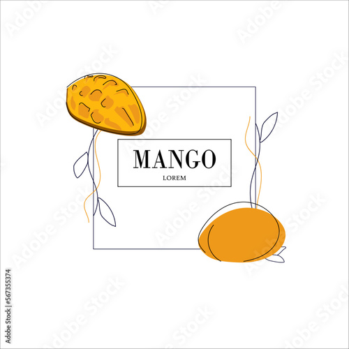 Simple isolated fruit packaging design, mango flavored. Juicy line drawing for label. Freehand vector illustration isolated on white background.
