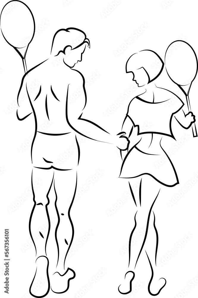 A guy and a girl of athletic build come from tennis training. They have tennis rackets in their hands. The guy hugs the girl. Black outline. Scheme. Logo.