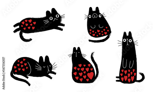 Black cats with hearts isolated on white background. Flat vector illustration.