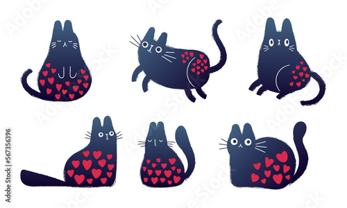 Cats with hearts isolated on white background. Vector illustration.