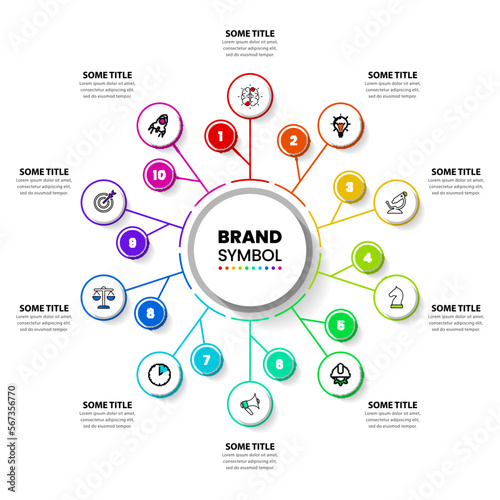 Infographic template. A circle with 10 steps connected to the center