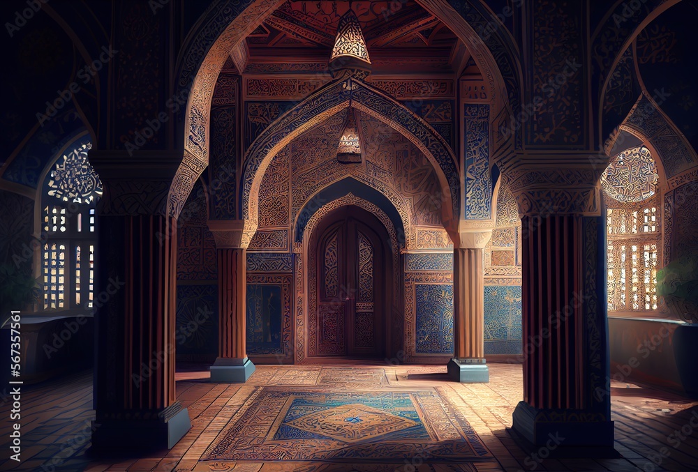 Interior of a mosque with arabic interior, Generative Ai