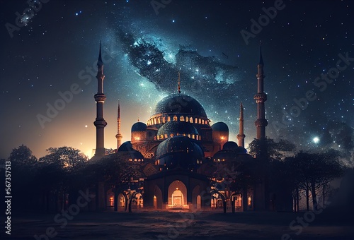Canvas Print Blue mosque at night, Generative Ai