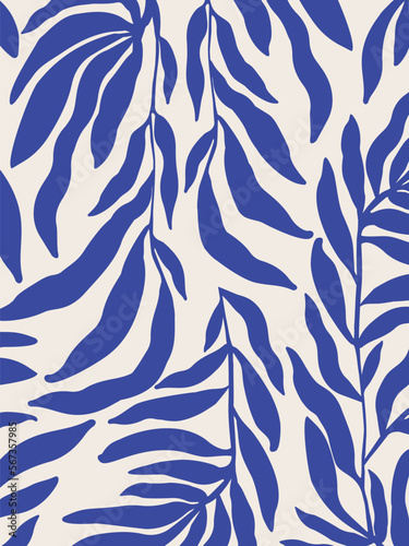 Decorative wallpaper with branches in blue tone. Delicate, blue-toned pattern with botanical elements. Nature-inspired poster for accent wall. Wall decor and mural for nursery. Twigs background.