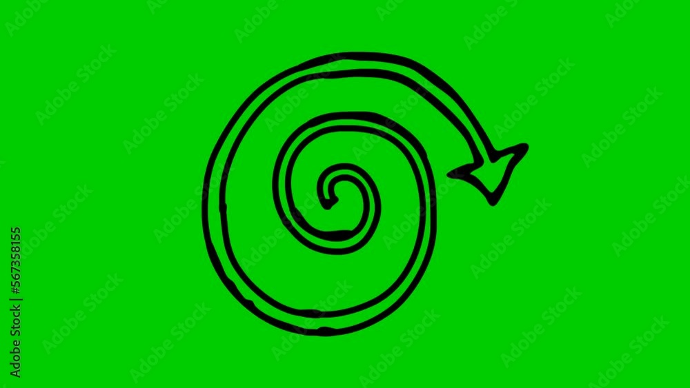 Animated icon of spiral arrow spins. Black symbol rotates. Looped video. Hand drawn vector illustration isolated on green background.