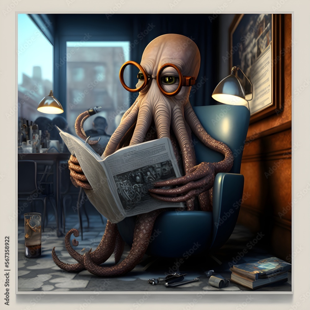 humanoid octopus smoking a cigar holding a newspaper sitting in a