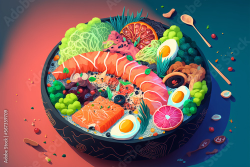 Tasty and colorful poke bowl - Digital Art, unique illustration concept | Generative AI	