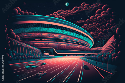 Landscape of a Soccer Stadium during night time, desktop background - Digital Art, unique illustration concept | Generative AI	
