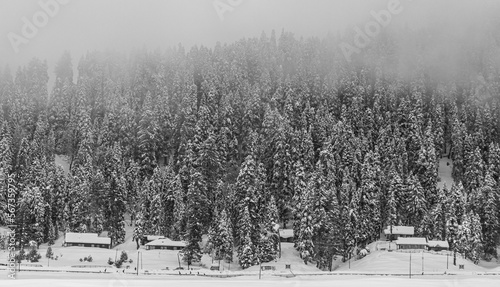 Beautiful view of Gulmarg during winter season surrounded by snow frozen Himalayas glacier mountains and green fir and pine tree in forest. Gulmarg town is a hill station. Tourist Skiing destination.