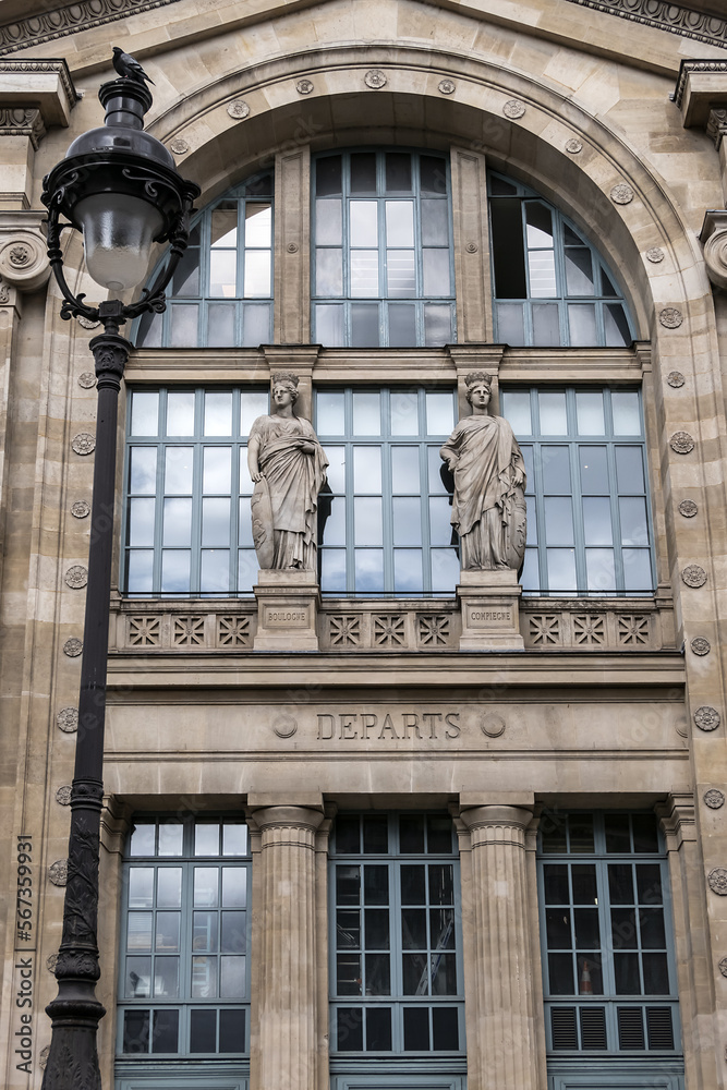 Architectural fragments of North Station (Gare du Nord, 1864) - one of the six large termini in Paris, largest and oldest railway stations in Paris. France.