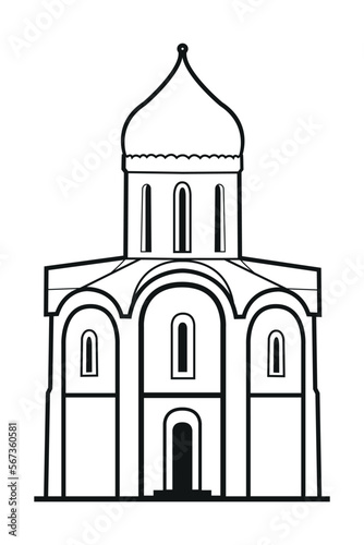black and white model of the temple; outline of the church