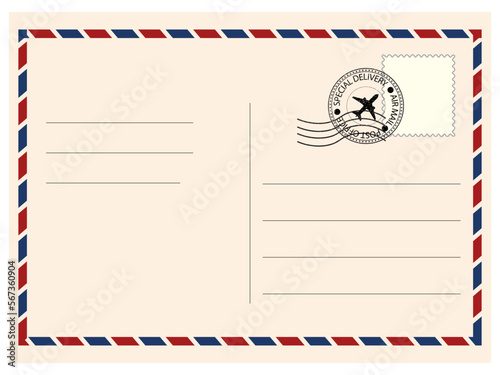 envelope with postage stamps on background