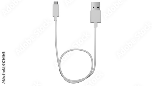 White USB micro USB cable isolated on transparent background. Minimal concept. 3D render