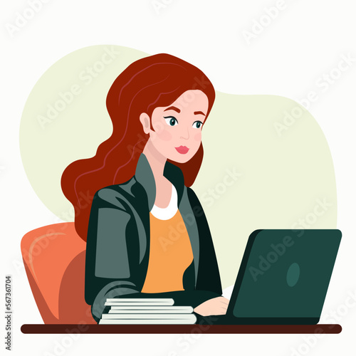 Home from work concept. Young woman working in home, sitting with laptop. Student or freelancer.