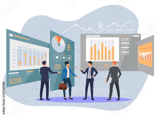 illustration of investors monitoring business growth, analyzing company profit charts. Vector illustration for finance, stock trading, and investment