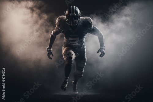 American Football Player Running Towards Camera With Smokey Dark Lit Setting © Johnny