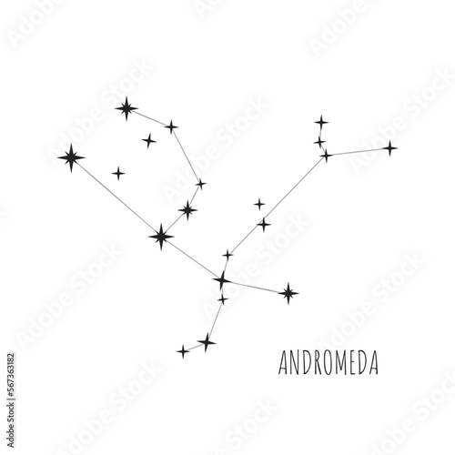 Constellation Andromeda scheme in starry sky. Doodle  sketch  linear icons of all 88 constellations on white background