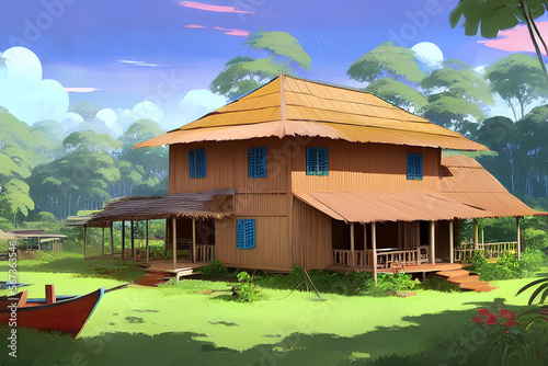 Malay traditional double storey wooden houses in the jungle scenery digital painting illustration photo