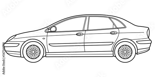 Classic sedan car. Side view shot. Outline doodle vector illustration. Design for print, coloring book