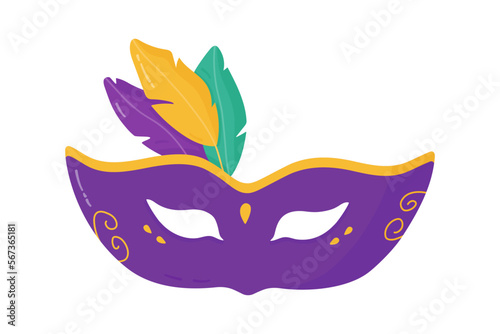 Mardi Gras carnival mask with feathers in flat style. Festive element for holiday. Vector, png on transparent background