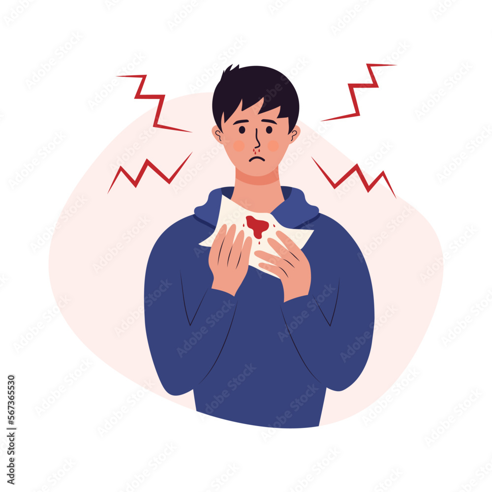 Sad man with a nosebleed holding napkin. Nasal bleeding, disease, health problem concept. Sad man with a nosebleed holding napkin. Nasal bleeding, disease, health problem concept.