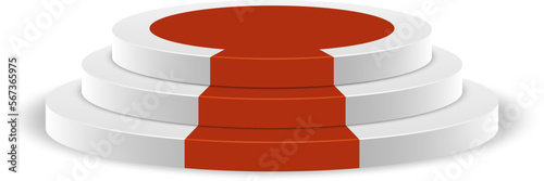 White stage with red carpet. Realistic round podium