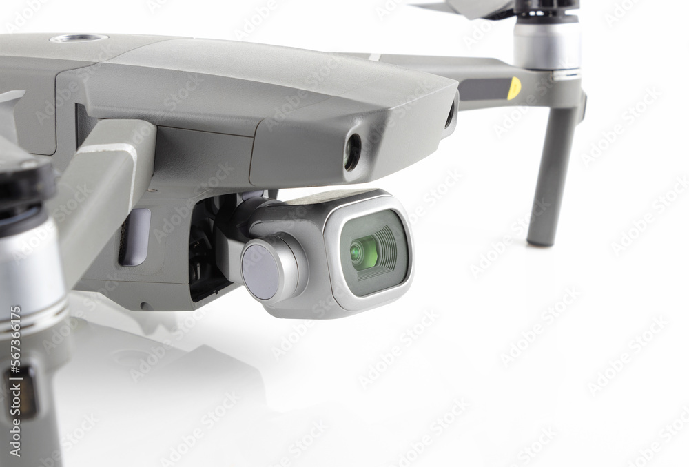 Drone camera close up view. Quadcopter with high quality digital camera on white background. Drone camera close up view. Quadcopter with high quality digital camera on white background.