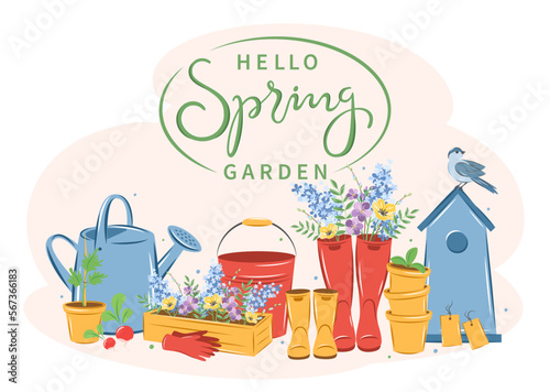 Gardening, growing plants, agricultural tools. Hello spring garden.  Vector illustration.
