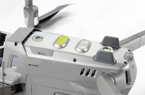 Bottom safety sensors of the drone on white background. Modern quadrocopter.