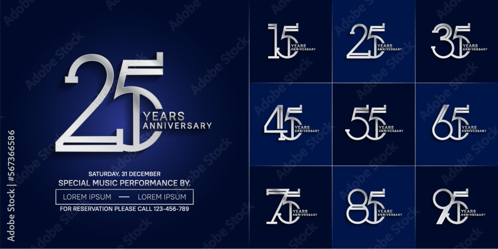 set of anniversary glossy silver color with blue background for special celebration event