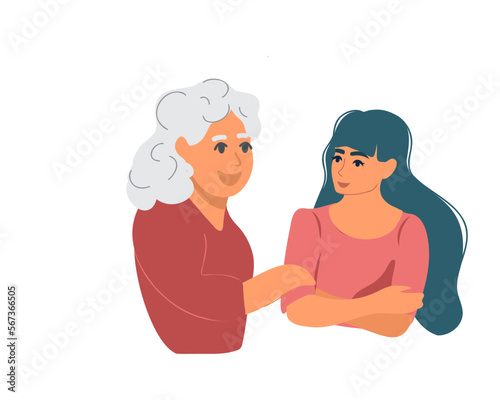 An elderly woman holds the hand of a teenage girl, grandmother and granddaughter, vector in cartoon style.