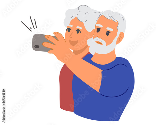 Elderly man and woman take a selfie on the phone. Vector illustration