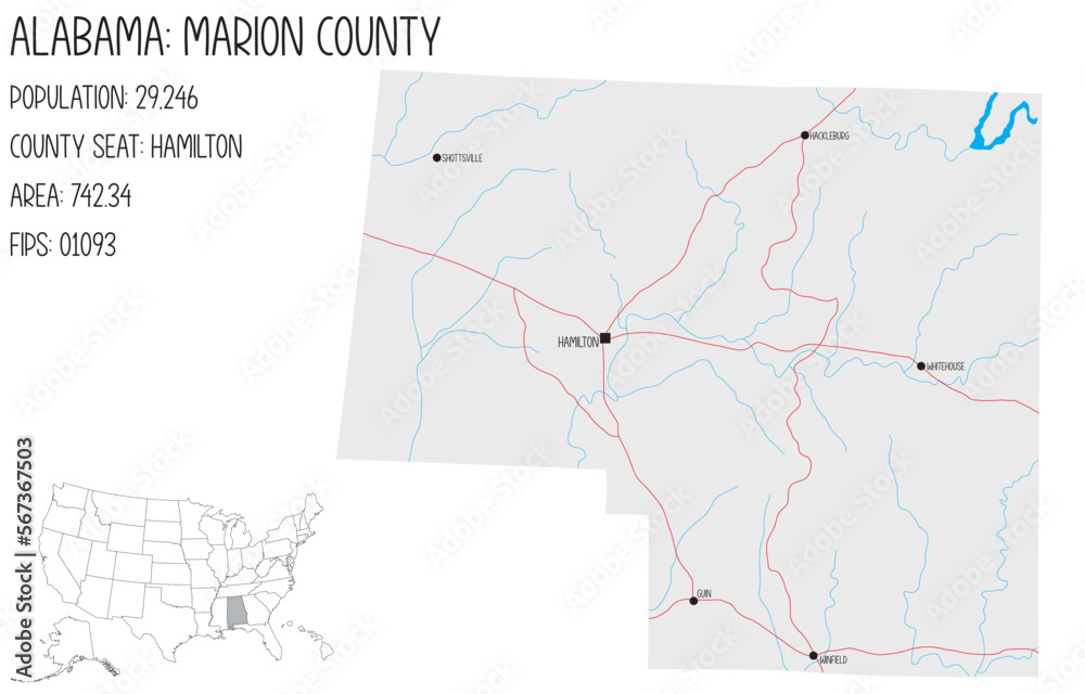 Fototapeta Large and detailed map of Marion county in Alabama, USA.