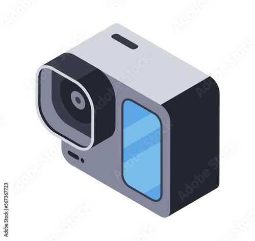 3d action camera icon, digital camera for video filming on the move and in aggressive environments. Device with optics and screen, electronic equipment. Vector isometric illustration, isolated object