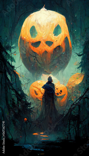 Pumpkin ghost in the forest illustration Generative AI Content by Midjourney