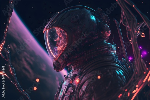 Astronaut space exploration concept, close up neon pop art portrait. Generative AI illustration.