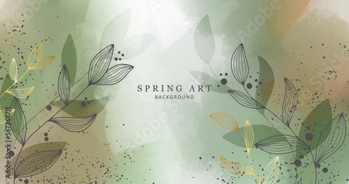 Beautiful vector spring illustration in green tones with branches and leaves and golden elements. Background for postcards, wallpapers, presentations, covers, design