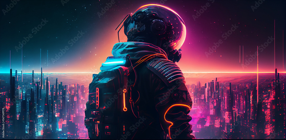 3D illustration of astronaut in futuristic neon lit cyberpunk city. Neon pink blue violet night astronaut. Generative ai. Illustration art. - obrazy, fototapety, plakaty 