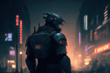 Sci fi soldier on a street with blurred neon lights at night. generative ai