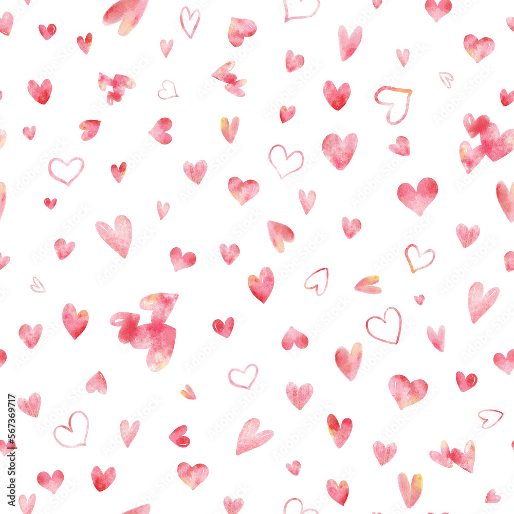 Watercolor Valentine's Day Lot of Hearts Hand drawn Seamless Pattern