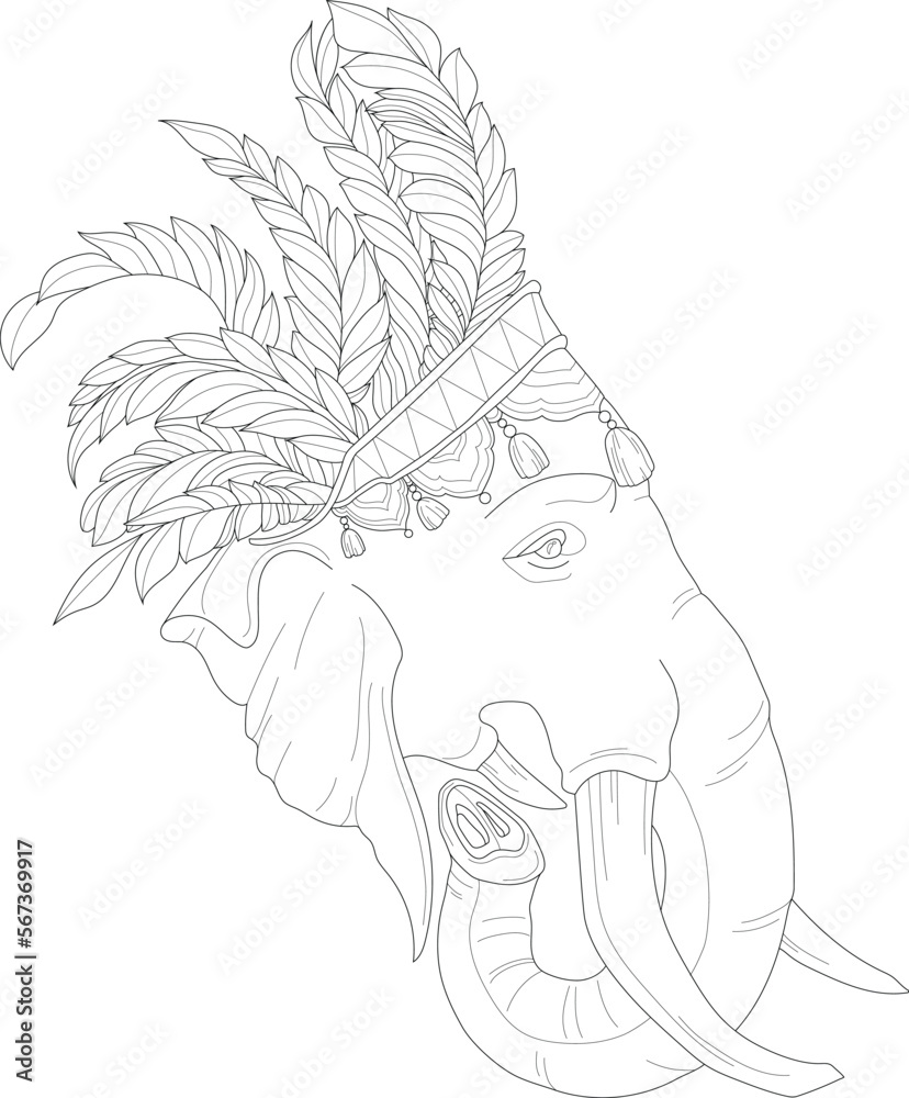 Cartoon indian elephant head with head decor sketch template. Graphic vector illustration in black and white for game, background, pattern. Children`s story book, fairytail, coloring paper, page, book Cartoon indian elephant head with head decor sketch template. Graphic vector illustration in black and white for game, background, pattern. Children`s story book, fairytail, coloring paper, page, book