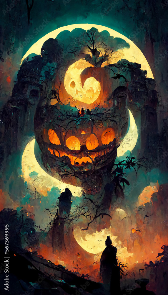 Fototapeta premium Mayan style halloween theme pumpkins ghosts in the dark night illustration Generative AI Content by Midjourney