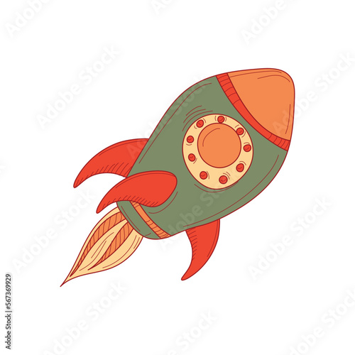 Rocket launch and fiery flame. In cartoon style rocket isolated on white background. Takeoff of the spaceship. New project symbol. Vector illustration