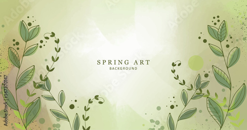 Stylish minimalistic spring illustration in green tones with branches and leaves, grass. Background for design, postcards, covers, wallpapers