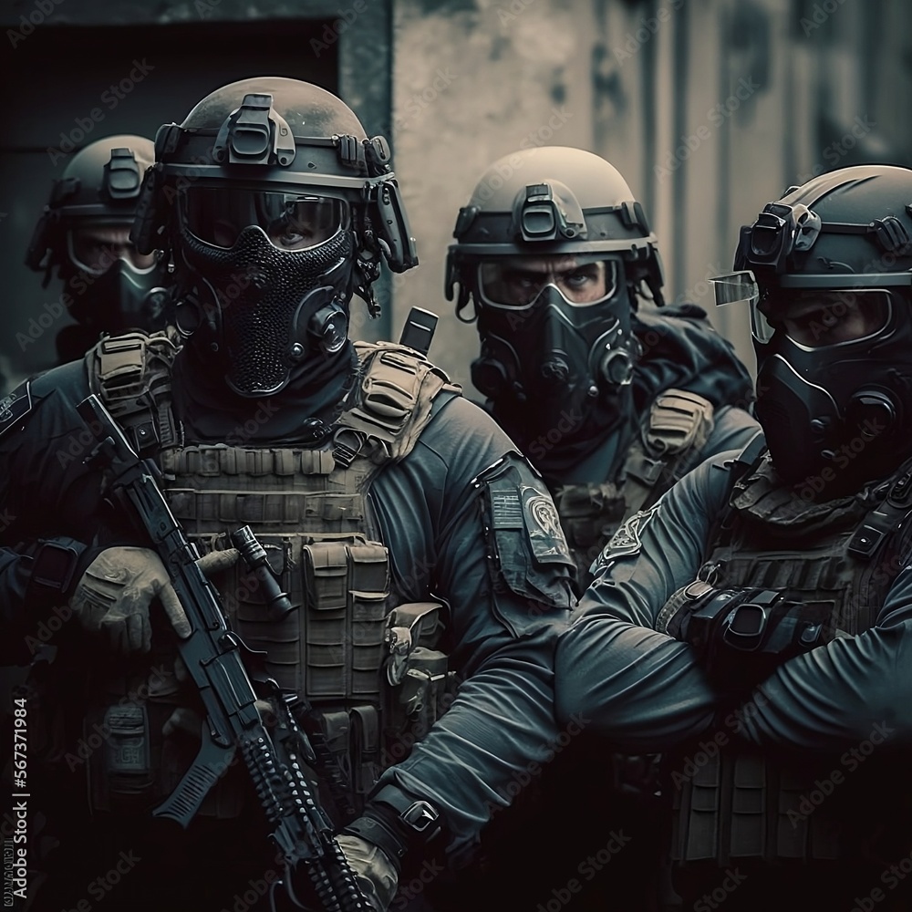 Portrait of a group of fighters of a special unit, swat team ready for battle